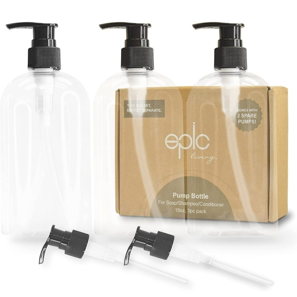🆕️ Epic Living Latex-free Pump Bottles Soap Shampoo Conditioner 16oz 3pack